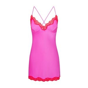SKIMS Lace Trimmed Silk Slip Dress - Neon Orchid